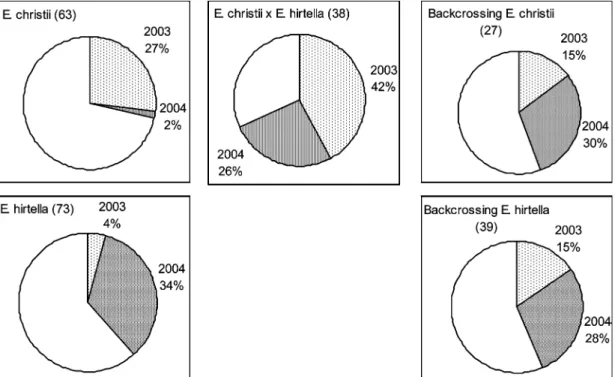 Fig. 3. Number of seeds (F2) which germinated in the spring after sowing (2003) and in the following year.