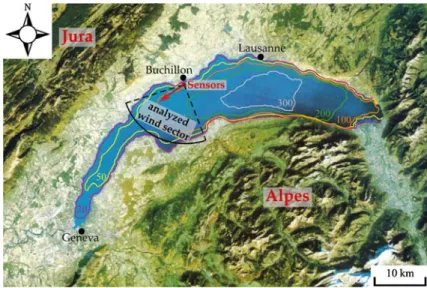 Fig. 1 Location and orientation of sensors, analyzed wind sector, and the bathymetry (m) of Lake Geneva, adapted from public domain satellite image (NASA World Wind) and bathymetry data (SwissTopo)