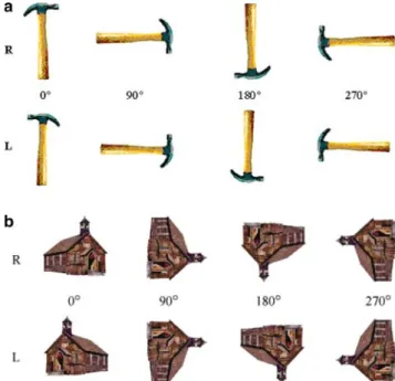 Fig. 1 Illustration of the stimuli used. For the test stimulus (a), the hammer, 0 and 270 depict natural grip orientations and 90 and 180 depict awkward grip orientations