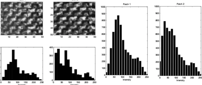 Figure 4. (top left) patches with identical texture and different illumination; (bottom left) traditional intensity histograms of the patches; (right) weighted histograms of the patches.