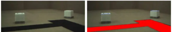 Fig. 6 The vision on the marXbot. Left: the world as seen by the cam- cam-era. Right: the result of the processing: in red, the ditches; in blue, the top lines of the resources