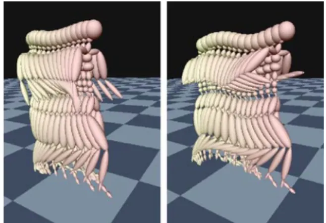 Fig. 2. Motion patterns with anticipation. The yellow posture (far left) represents the current frame, while the others (from yellow to red, towards the right) are anticipated postures