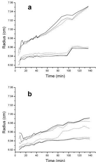 Fig. 8 Membrane thickness as a function of time. Experiment 1 (dashed line), experiment 3 (solid line)