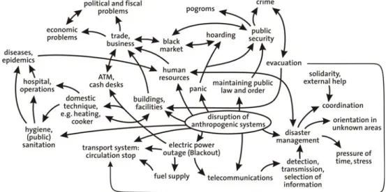 Fig. 1. Illustration of cascading eﬀects in socio-economic systems, which may be triggered by the disruption (over-critical perturbation) of an anthropogenic system (after Ref