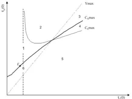 Fig. 2 Effects of an increase in the northern tax level, τ N ( 0 ) , on national consumptions, C N and C S , and world production, Y