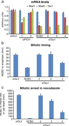 Fig. 7 Histogram illustrating mRNA levels, mitotic timing, and nocodazole response after Tao1-directed siRNA