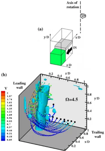 Fig. 13 3D reconstruction of the vorticity distribution in the first half of the turn (rotating case, Re = 20,000 and Ro = 0.3): a sketch of the test region, b iso-X surfaces (X = 4.5) and streamlines