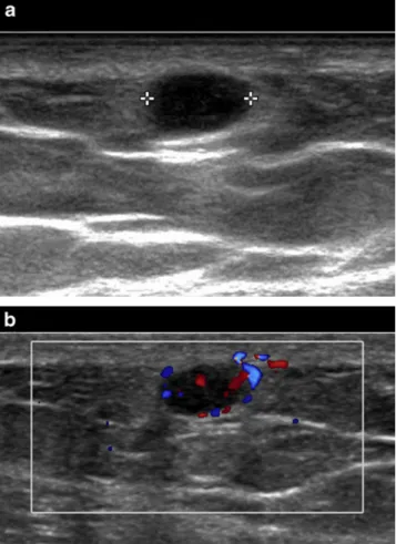 Fig. 1 Longitudinal a B-mode and b color Doppler US images (17-5 MHz linear probe) of the lateral aspect of the right arm