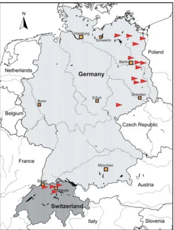 Fig. 1 Location of the 16 sites (red arrowheads) in Germany and Switzerland, where the analyzed 429 soil samples have been collected.