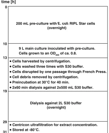 Fig. 2 Flow diagram of the S30 cell extract preparation. On the left the approximate times needed for individual steps of the protocol are indicated