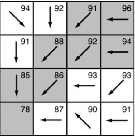 Figure 3. The flow-model approach exemplified on a hypothetical DEM subset with elevation values.