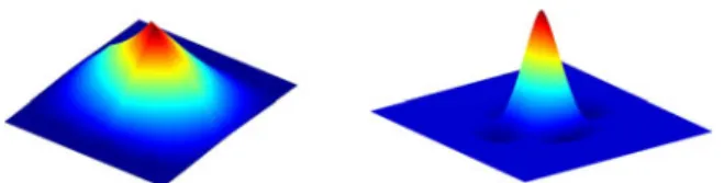 Fig. 1 Shearlet refinable function constructed from degree 1 Dubuc–Deslauriers scheme (left) and from degree 2 Dubuc–Deslauriers scheme (right)