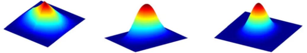 Fig. 2 Shearlet refinable function constructed from degree 1 B-spline scheme (left), from degree 2 B-spline scheme (middle), and from degree 3 B-spline scheme (right)