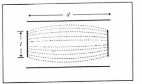 Figure I.16 : Cellule électrolytique avec deux électrodes planes et parallèles  ..... : Lignes de courant, l: largeur des électrodes, d : distance entre elle