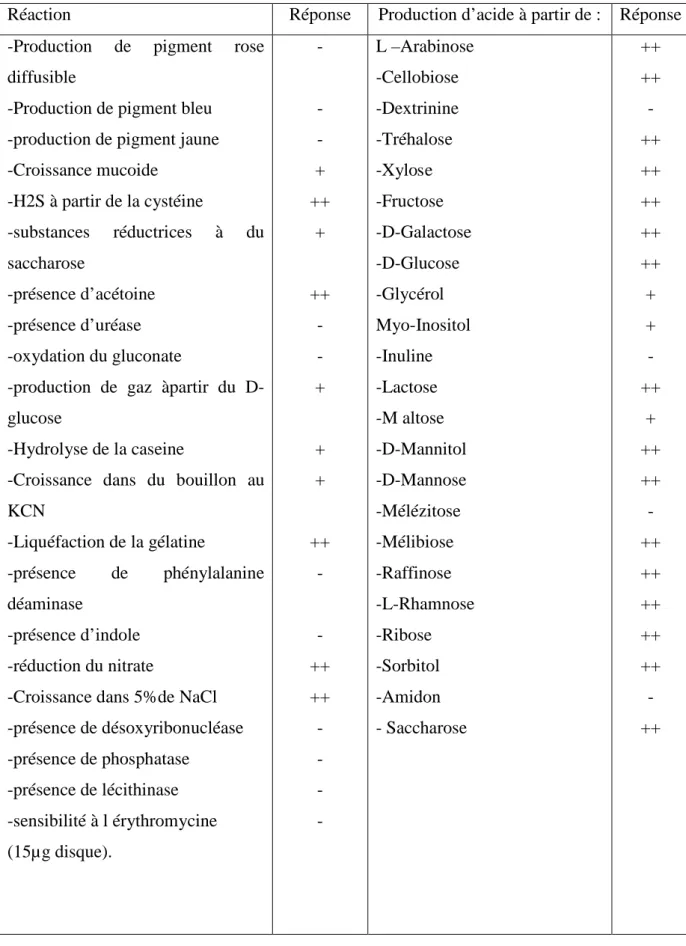 Tableau 02 :  Autres caractéristiques biochimiques et physiologiques d’Erwinia  carotovora :(Leliot et Dickey ., 1984)
