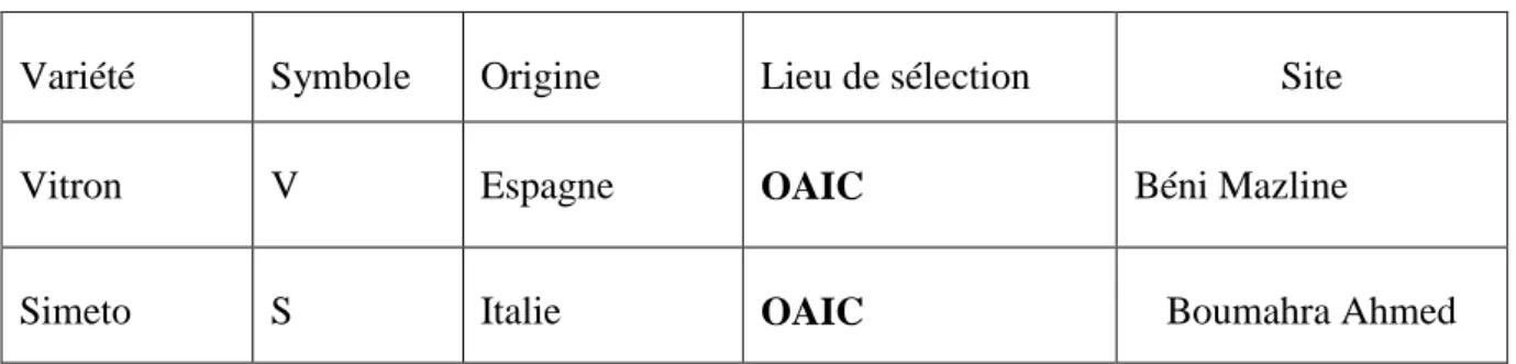 Tableau 4 : Les deux variétés de blé dur expérimentées dans notre étude  