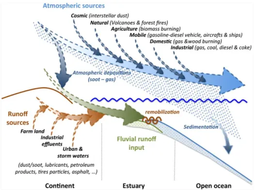 Figure 2. Principales sources de la pollution marine (Duran and Cravo-Laureau, 2016). 