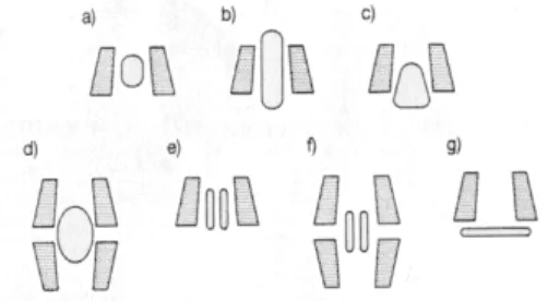 Figure 22 : Structures en solution aqueuse de complexes cyclodextrines-invités décrits dans  la littérature; a) inclusion complète ; b) inclusion &#34;axiale&#34; ; c) inclusion partielle (capping) ; 