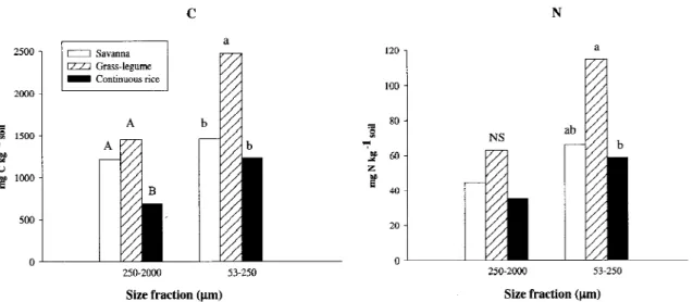 Figure 3. Particulate organic matter C and N in two size fractions in soils of contrasting land-use systems