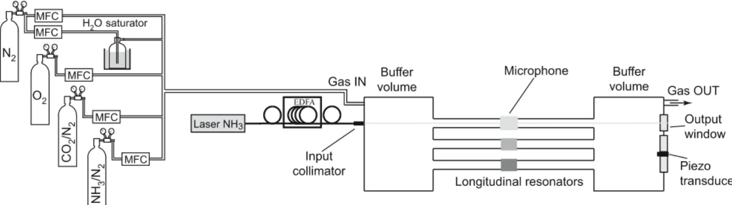 FIGURE 1 Scheme of the experimental set-up including the PA sensor, the erbium-doped fibre amplifier and the gas handling system
