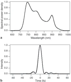 FIGURE 7 Fundamental power spectrum (top) and temporal pulse shape (bottom). The temporal pulse shape has been measured using spectral phase interferometry for direct electric field reconstruction (solid curve)