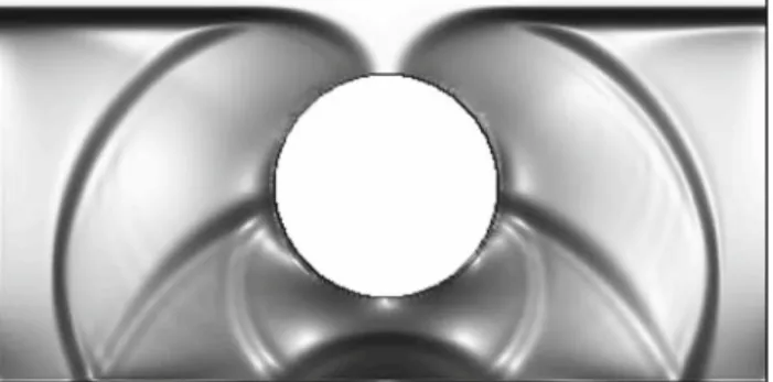 Fig. 6 Numerical solution of the stress component σ 33 of a reflected contact discontinuity at the hole on a grid with 400 × 200 cells more cells than the first order scheme for treating boundary cells and hence the numerical order appears to be greater th