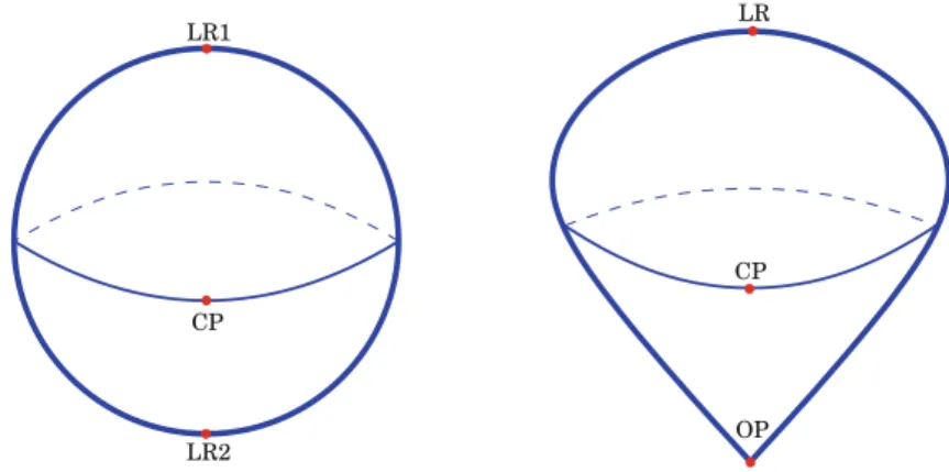 Fig. 7. A pictorial view of the stringy Kähler moduli spaces of the resolved conifold (left) and local P 2 (right).
