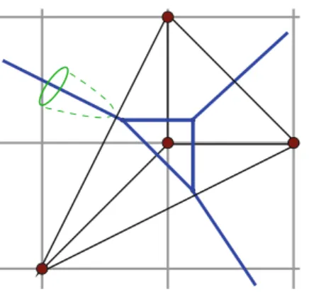 Fig. 8. The toric diagram (black) and the web diagram (blue) of the local P 2 geometry with a brane on an outer leg