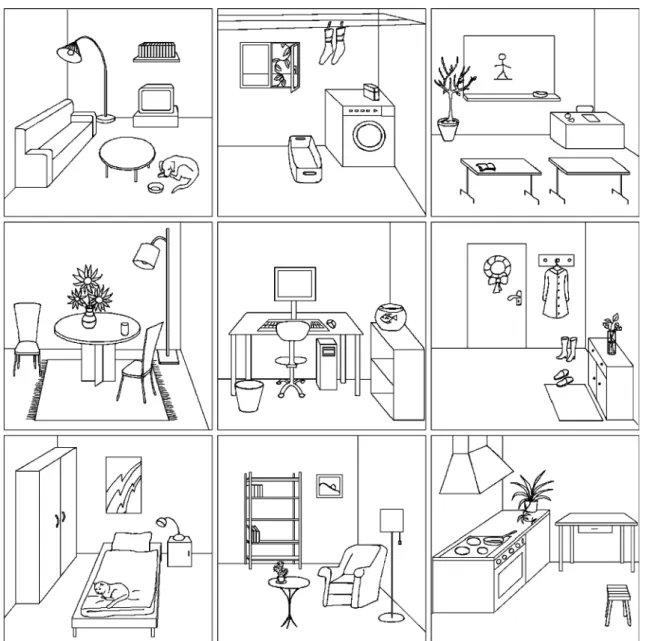 Fig. 1 The nine visual stimuli used for the experiment. Each picture represents a different kind of room