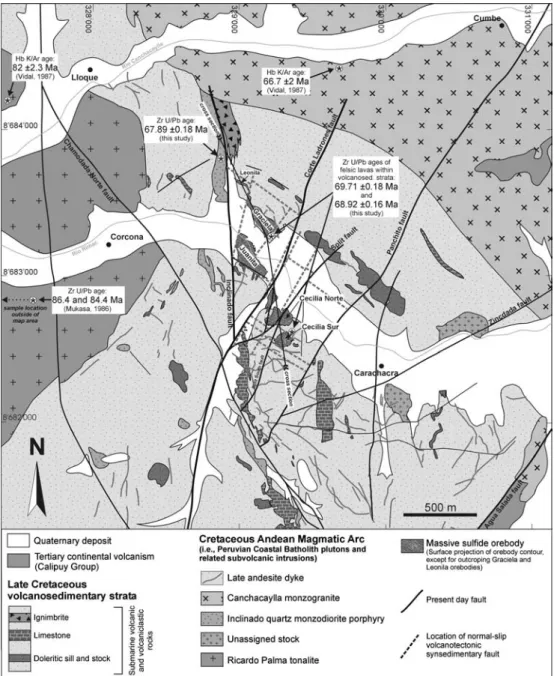 Fig. 2 Geologic map of the Perubar deposit area. See Fig. 3b for cross section.