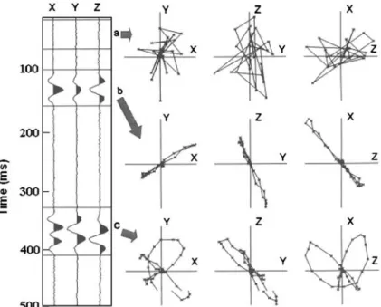 Fig. 1 A three-component trace illustrating hodogram for a wave, b a single rectilinearly polarized event, c overlapping rectilinear events