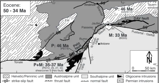 Fig. 8 Simplified tectonic sketch map of the central  sec-tor of the PAF. Locations and ages of Eocene fault rocks are indicated