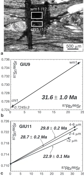 Fig. 12 a Thick section of thrust-related, basement-derived, low- low-grade mylonite GIU9 from the N Giudicarie fault (crossed polarizers; see Figs