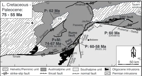 Fig. 4 Simplified tectonic sketch map of the central  sec-tor of the PAF. Locations and ages of Late  Cretaceous±Pa-leocene fault rocks are  indicat-ed