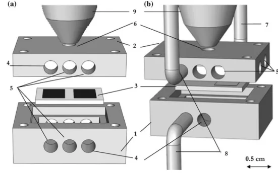 Fig. 3 Scheme of the single chamber (a) and dual chamber electrochemical reactor (b).