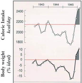 Fig. 4 Average caloric intake ﬂ uctuation during World War II restriction in Switzerland, showing the effect on body weight change (as percentage of ideal weight)