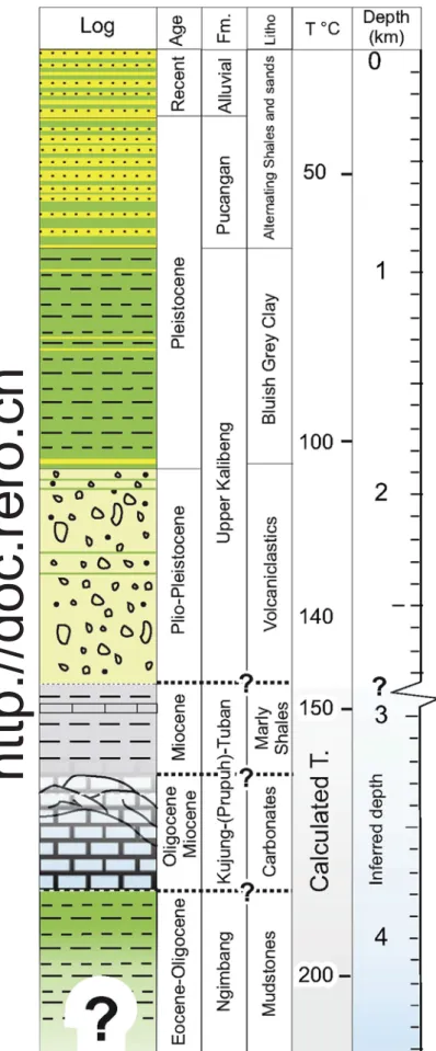 Fig. 5. Schematic log summarising the stratigraphy at Lusi site. The thin carbonates in the Tuban Formation could represent the youngest samples consisting of scleractinian corals of our collection and correspond to reefal facies reported in the literature