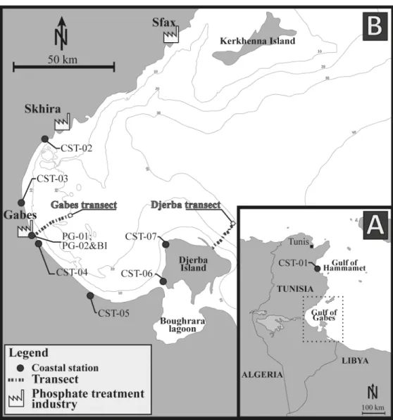 Fig 1. Maps of the study area showing the sampling sites. (A) Maps of Tunisia showing the location of the coastal station CST-01