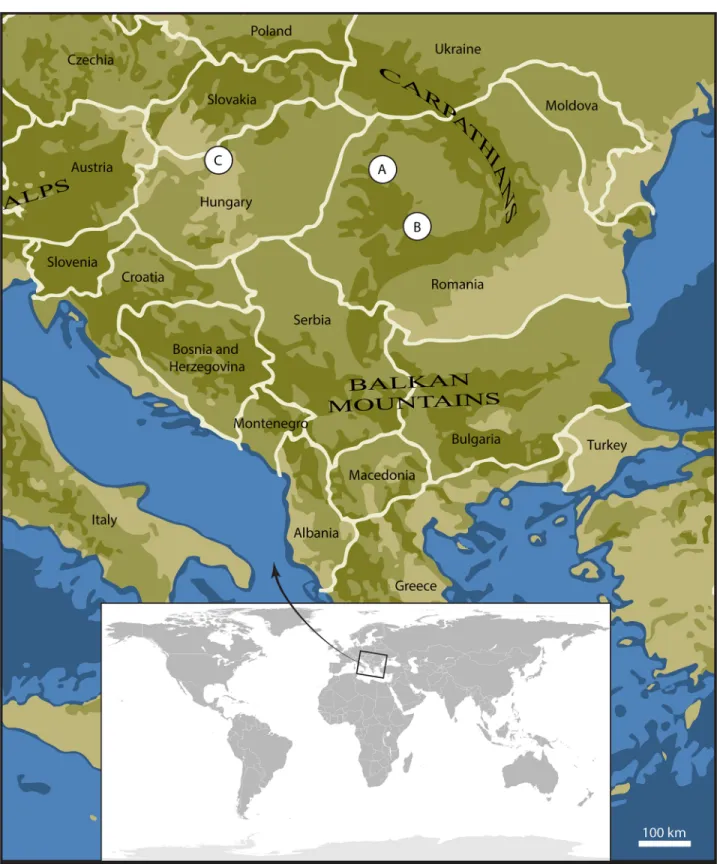 Fig 1. Geographical setting of the new amynodontid localities in Eastern Europe. A: Morlaca (Romania), Priabonian