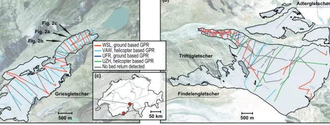 Figure 1. Ground tracks for the GPR measurements collected on (a) Griesgletscher and (b) Findelengeltscher