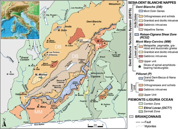 Fig. 1 Geological map of the Dent Blanche Tectonic System (DBTS), showing the main undeformed gabbroic and granitic intrusives (modiﬁed after Manzotti et al
