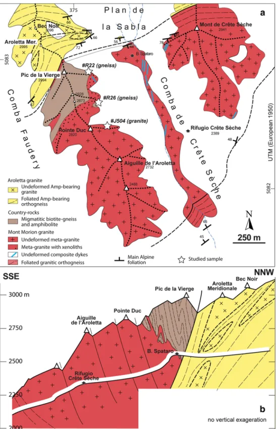 Fig. 2 a Geological map of the Mont Morion Unit in the area of the Comba de Creˆte Se`che