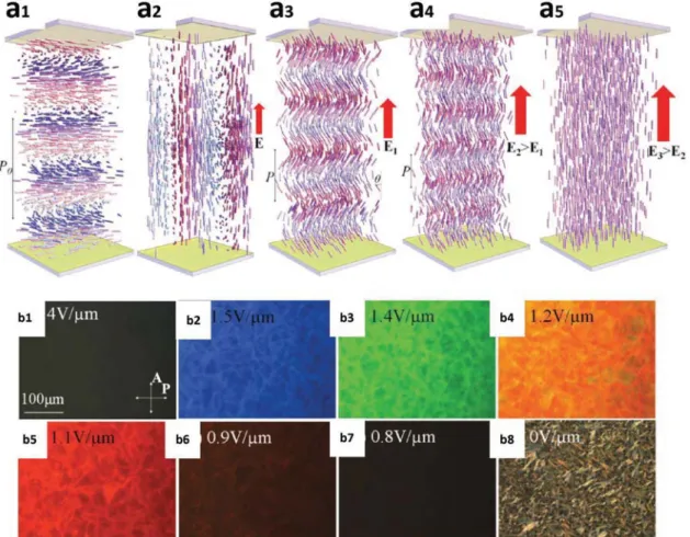 Figure 15.  a) Field-induced behavior of cholesterics structures. a 1 ) Right-angle helicoidal cholesteric with a large bend constant and a positive local  dielectric anisotropy in a planar cell