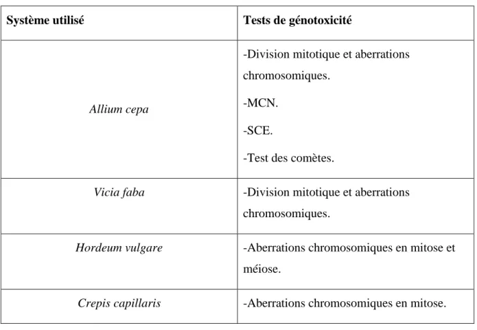 Tableau 03 : Exemples des plantes étudiées et tests associés (Souguir, 2009). 