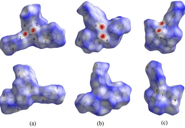 Figure S 1:  Two orientations of the Hirshfeld surfaces for molecules 1–3. Labels on HS’s are: 