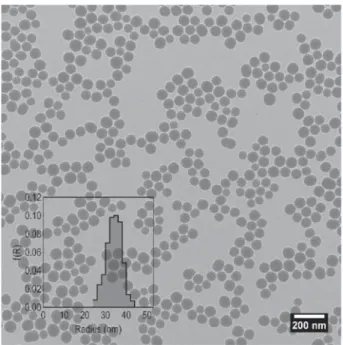 Figure 3. TEM micrograph of the silica NPs and the result of the image analysis. Inset: The probability density function constructed by counting 505 particles
