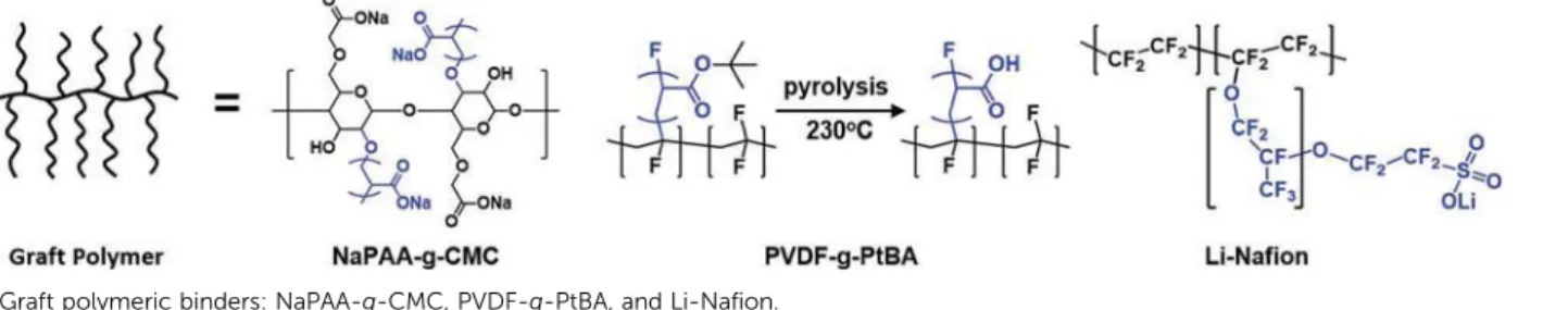 Fig. 8 Graft polymeric binders: NaPAA-g-CMC, PVDF-g-PtBA, and Li-Nafion.