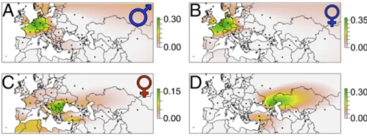 Fig. 4. Geographic distribution of population assignment analysis (PAA) results on pseudohaploid calls from off-target reads summed across  indi-viduals for (A) all Bavarian males, (B) all Bavarian females with normal skulls, (C) all Bavarian females with 