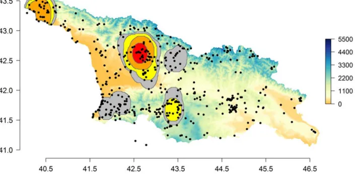 Figure S2 Occurrences (black points) of the endemic plant species in Georgia, and location of the  areas of high plant endemism representing 20% of the total cover of Georgia (grey area; &gt; 15  endemic species), 10% (yellow area; &gt;= 18 endemic species