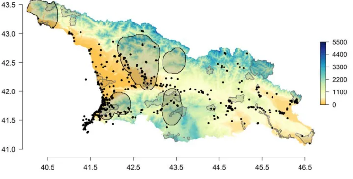 Figure S4 Occurrences (black points) of the 27 selected invasive alien plant species in Georgia, and  location of the areas of high plant endemism (black-rimmed frames) and PAs (grey-rimmed 